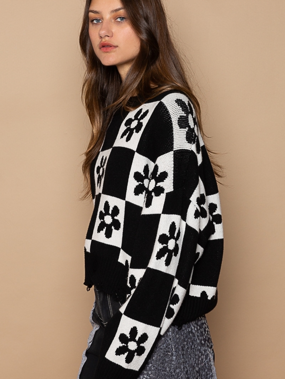Hollister Black & White Floral Checker Knit Sweater